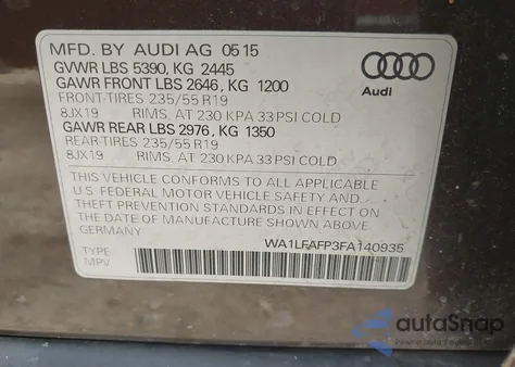 2015 Audi Q5 2.0T Premium из США, поврежденный, VIN WA1LFAFP3FA140935